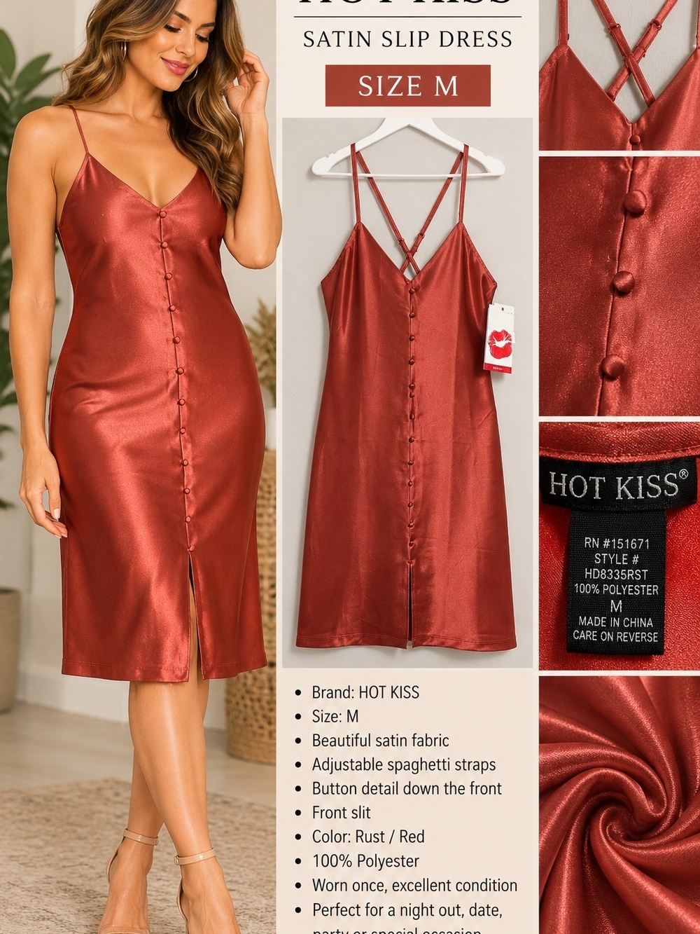 HOT KISS Women’s Satin Slip Dress — Rust (Size M)